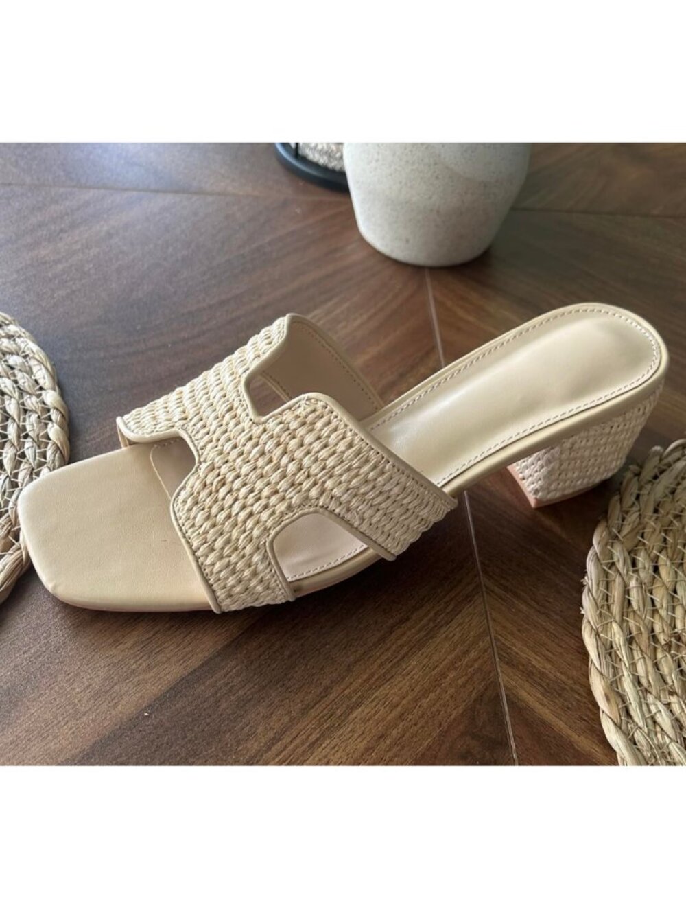 Women's Cream PU Leather Slip On Square Open Toe Mule Sandal Summer Shoes